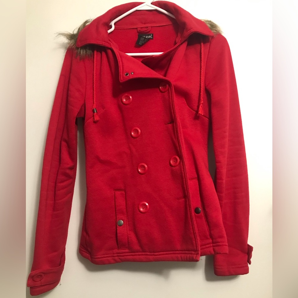 Medium, pea coat. Red. Double button with faux hood.